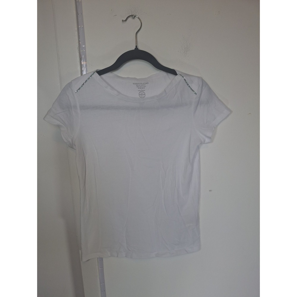 Majestic Filatures White Deluxe Cotton Swarovski Crystal Shoulder T-Shirt Size 1